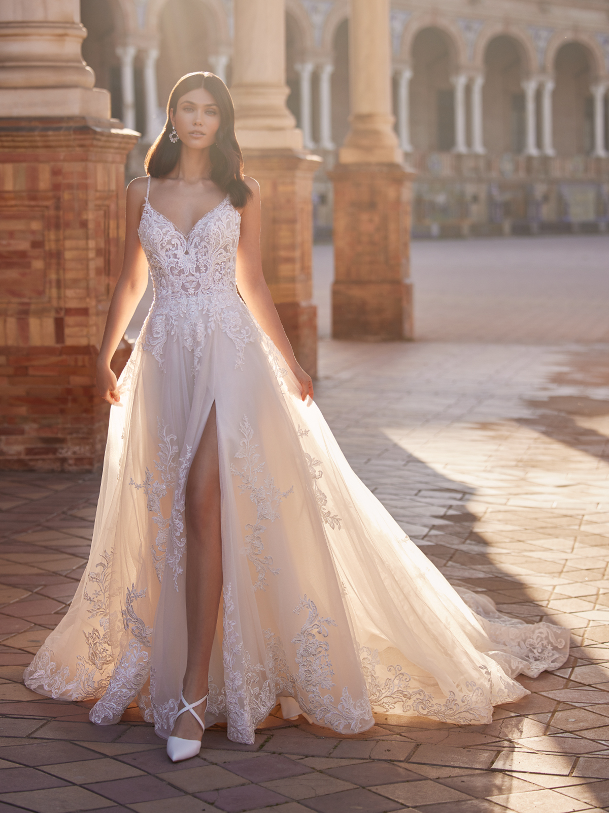 Moonlight Bridal H1547 A line Wedding Dress with Leg Slit